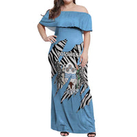 Personalized Botswana Off Shoulder Maxi Dress Coat Of Arms With Map - African and Zebra Patterns