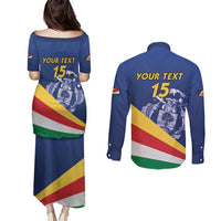 Custom Seychelles Beach Soccer 2025 Couples Matching Puletasi and Long Sleeve Button Shirt Flag Style