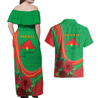 Personalised Burkina Faso Independence Day Couples Matching Off Shoulder Maxi Dress and Hawaiian Shirt Coat Of Arms With Rose