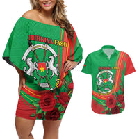Personalised Burkina Faso Independence Day Couples Matching Off Shoulder Short Dress and Hawaiian Shirt Coat Of Arms With Rose