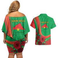 Personalised Burkina Faso Independence Day Couples Matching Off Shoulder Short Dress and Hawaiian Shirt Coat Of Arms With Rose
