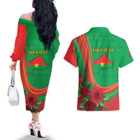 Personalised Burkina Faso Independence Day Couples Matching Off The Shoulder Long Sleeve Dress and Hawaiian Shirt Coat Of Arms With Rose