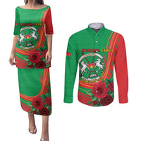 Personalised Burkina Faso Independence Day Couples Matching Puletasi and Long Sleeve Button Shirt Coat Of Arms With Rose