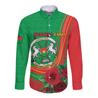 Personalised Burkina Faso Independence Day Long Sleeve Button Shirt Coat Of Arms With Rose