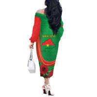 Personalised Burkina Faso Independence Day Off The Shoulder Long Sleeve Dress Coat Of Arms With Rose