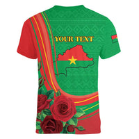 Personalised Burkina Faso Independence Day Women V-Neck T-Shirt Coat Of Arms With Rose