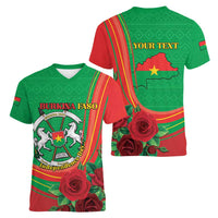 Personalised Burkina Faso Independence Day Women V-Neck T-Shirt Coat Of Arms With Rose