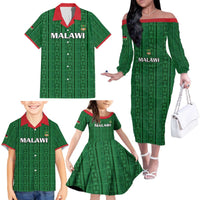 Custom Malawi Football Family Matching Off The Shoulder Long Sleeve Dress and Hawaiian Shirt Come On Flames - Green - Wonder Print Shop