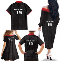 Custom Malawi Football Family Matching Off The Shoulder Long Sleeve Dress and Hawaiian Shirt Come On Flames - Black - Wonder Print Shop