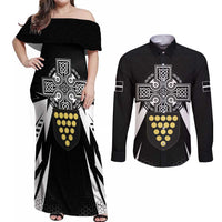 Cornwall Celtic Cross Couples Matching Off Shoulder Maxi Dress and Long Sleeve Button Shirt Coat Of Arms With Celtic Pattern - Wonder Print Shop