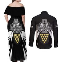 Cornwall Celtic Cross Couples Matching Off Shoulder Maxi Dress and Long Sleeve Button Shirt Coat Of Arms With Celtic Pattern - Wonder Print Shop