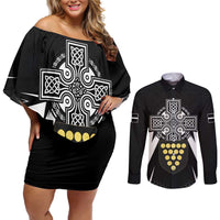 Cornwall Celtic Cross Couples Matching Off Shoulder Short Dress and Long Sleeve Button Shirt Coat Of Arms With Celtic Pattern - Wonder Print Shop
