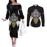 Cornwall Celtic Cross Couples Matching Off The Shoulder Long Sleeve Dress and Long Sleeve Button Shirt Coat Of Arms With Celtic Pattern - Wonder Print Shop