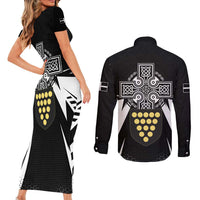 Cornwall Celtic Cross Couples Matching Short Sleeve Bodycon Dress and Long Sleeve Button Shirt Coat Of Arms With Celtic Pattern - Wonder Print Shop