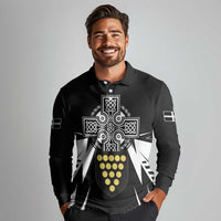 Cornwall Celtic Cross Long Sleeve Polo Shirt Coat Of Arms With Celtic Pattern - Wonder Print Shop