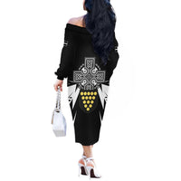 Cornwall Celtic Cross Off The Shoulder Long Sleeve Dress Coat Of Arms With Celtic Pattern - Wonder Print Shop