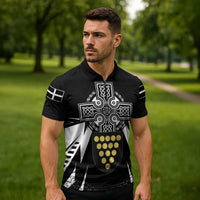 Cornwall Celtic Cross Zipper Polo Shirt Coat Of Arms With Celtic Pattern - Wonder Print Shop