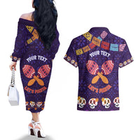 Personalised Mexico Day Of The Dead Couples Matching Off The Shoulder Long Sleeve Dress and Hawaiian Shirt Sugar Skull With Maracas Mexican Folk Pattern - Wonder Print Shop