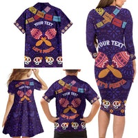 Personalised Mexico Day Of The Dead Family Matching Long Sleeve Bodycon Dress and Hawaiian Shirt Sugar Skull With Maracas Mexican Folk Pattern - Wonder Print Shop