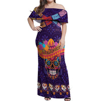 Personalised Mexico Day Of The Dead Off Shoulder Maxi Dress Sugar Skull With Maracas Mexican Folk Pattern - Wonder Print Shop