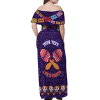 Personalised Mexico Day Of The Dead Off Shoulder Maxi Dress Sugar Skull With Maracas Mexican Folk Pattern - Wonder Print Shop