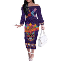 Personalised Mexico Day Of The Dead Off The Shoulder Long Sleeve Dress Sugar Skull With Maracas Mexican Folk Pattern - Wonder Print Shop