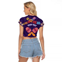 Personalised Mexico Day Of The Dead Raglan Cropped T Shirt Sugar Skull With Maracas Mexican Folk Pattern - Wonder Print Shop