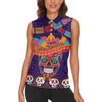 Personalised Mexico Day Of The Dead Women Sleeveless Polo Shirt Sugar Skull With Maracas Mexican Folk Pattern - Wonder Print Shop