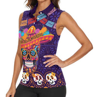 Personalised Mexico Day Of The Dead Women Sleeveless Polo Shirt Sugar Skull With Maracas Mexican Folk Pattern - Wonder Print Shop