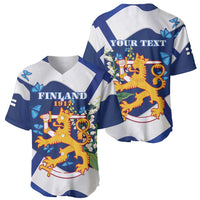 Personalised Finland Independence Day Baseball Jersey Lily Of The Valley Mix Holly Blue - Coat Of Arms Style - Wonder Print Shop