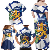 Personalised Finland Independence Day Family Matching Off Shoulder Maxi Dress and Hawaiian Shirt Lily Of The Valley Mix Holly Blue - Coat Of Arms Style - Wonder Print Shop
