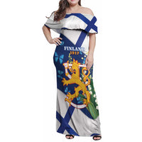 Personalised Finland Independence Day Family Matching Off Shoulder Maxi Dress and Hawaiian Shirt Lily Of The Valley Mix Holly Blue - Coat Of Arms Style - Wonder Print Shop