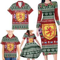 Scotland Christmas Family Matching Long Sleeve Bodycon Dress and Hawaiian Shirt The Royal Arms of Scotland With Thistle - Wonder Print Shop