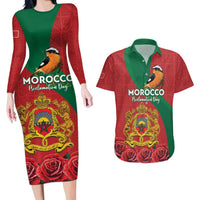 Personalised Morocco Proclamation Day Couples Matching Long Sleeve Bodycon Dress and Hawaiian Shirt Moussier's Redstart With Coat Of Arms - Wonder Print Shop