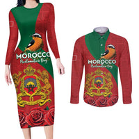 Personalised Morocco Proclamation Day Couples Matching Long Sleeve Bodycon Dress and Long Sleeve Button Shirt Moussier's Redstart With Coat Of Arms - Wonder Print Shop