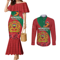 Personalised Morocco Proclamation Day Couples Matching Mermaid Dress and Long Sleeve Button Shirt Moussier's Redstart With Coat Of Arms