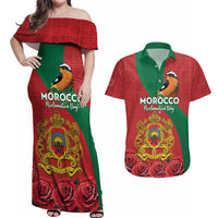 Personalised Morocco Proclamation Day Couples Matching Off Shoulder Maxi Dress and Hawaiian Shirt Moussier's Redstart With Coat Of Arms - Wonder Print Shop