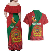 Personalised Morocco Proclamation Day Couples Matching Off Shoulder Maxi Dress and Hawaiian Shirt Moussier's Redstart With Coat Of Arms - Wonder Print Shop