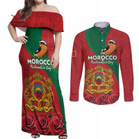 Personalised Morocco Proclamation Day Couples Matching Off Shoulder Maxi Dress and Long Sleeve Button Shirt Moussier's Redstart With Coat Of Arms - Wonder Print Shop
