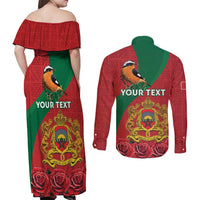 Personalised Morocco Proclamation Day Couples Matching Off Shoulder Maxi Dress and Long Sleeve Button Shirt Moussier's Redstart With Coat Of Arms - Wonder Print Shop