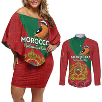 Personalised Morocco Proclamation Day Couples Matching Off Shoulder Short Dress and Long Sleeve Button Shirt Moussier's Redstart With Coat Of Arms - Wonder Print Shop