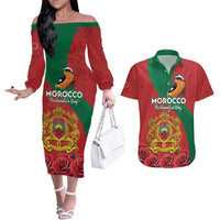 Personalised Morocco Proclamation Day Couples Matching Off The Shoulder Long Sleeve Dress and Hawaiian Shirt Moussier's Redstart With Coat Of Arms - Wonder Print Shop