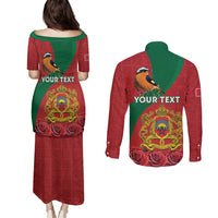 Personalised Morocco Proclamation Day Couples Matching Puletasi and Long Sleeve Button Shirt Moussier's Redstart With Coat Of Arms - Wonder Print Shop