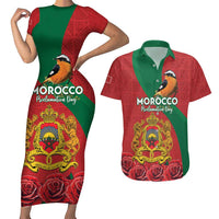 Personalised Morocco Proclamation Day Couples Matching Short Sleeve Bodycon Dress and Hawaiian Shirt Moussier's Redstart With Coat Of Arms - Wonder Print Shop
