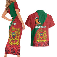 Personalised Morocco Proclamation Day Couples Matching Short Sleeve Bodycon Dress and Hawaiian Shirt Moussier's Redstart With Coat Of Arms - Wonder Print Shop