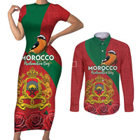 Personalised Morocco Proclamation Day Couples Matching Short Sleeve Bodycon Dress and Long Sleeve Button Shirt Moussier's Redstart With Coat Of Arms - Wonder Print Shop