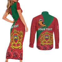 Personalised Morocco Proclamation Day Couples Matching Short Sleeve Bodycon Dress and Long Sleeve Button Shirt Moussier's Redstart With Coat Of Arms - Wonder Print Shop