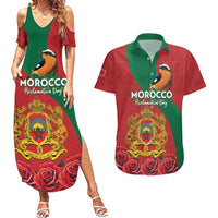 Personalised Morocco Proclamation Day Couples Matching Summer Maxi Dress and Hawaiian Shirt Moussier's Redstart With Coat Of Arms - Wonder Print Shop