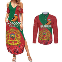 Personalised Morocco Proclamation Day Couples Matching Summer Maxi Dress and Long Sleeve Button Shirt Moussier's Redstart With Coat Of Arms - Wonder Print Shop