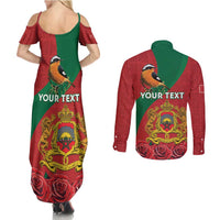 Personalised Morocco Proclamation Day Couples Matching Summer Maxi Dress and Long Sleeve Button Shirt Moussier's Redstart With Coat Of Arms - Wonder Print Shop